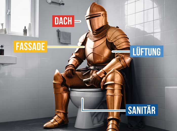 Ritter in Rüstung sitzt in Bad auf Toilettenschüssel